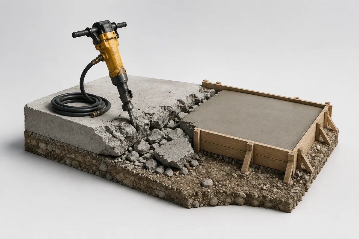 Kompresörle Beton Kırma ve Dökme için temsili 3D uygulama görseli